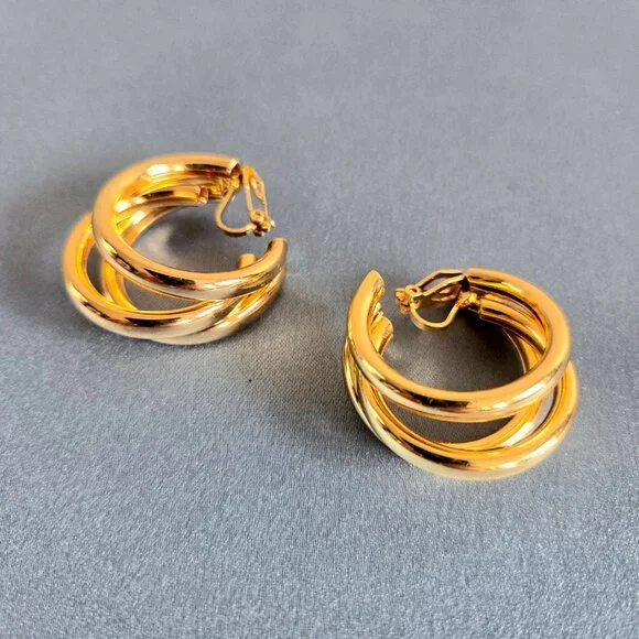 Gold tone large triple loops clip on earrings. - Picture 4 of 4